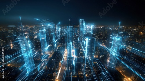 Futuristic Cityscape at Night with Illuminated Glass Buildings in Berlin