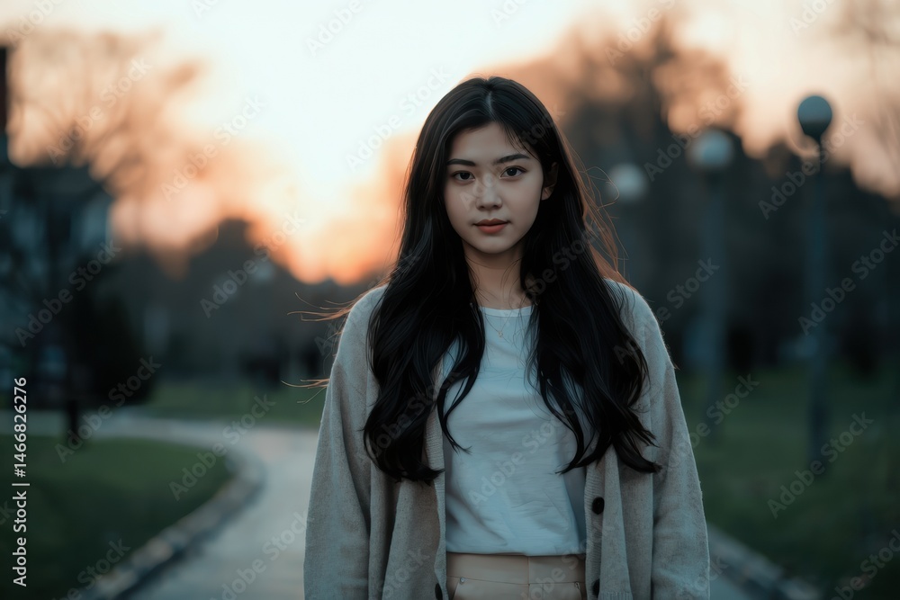 Fototapeta premium Confident Woman with Long Black Hair at Dusk