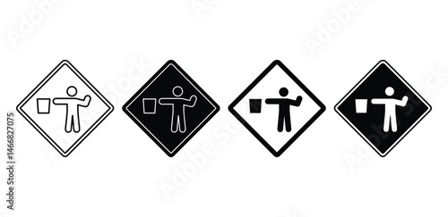 Flagger Ahead Icon Black and White Diamond Shaped Road Signs Vector Design Illustration