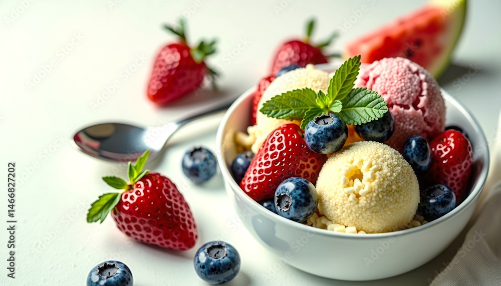 A bowl of ice cream with strawberries and blueberries. The bowl is white and the ice cream is pink and blue. There is a spoon in the bowl