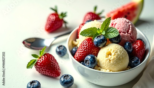 Obraz na płótnie A bowl of ice cream with strawberries and blueberries. The bowl is white and the ice cream is pink and blue. There is a spoon in the bowl w salonie
