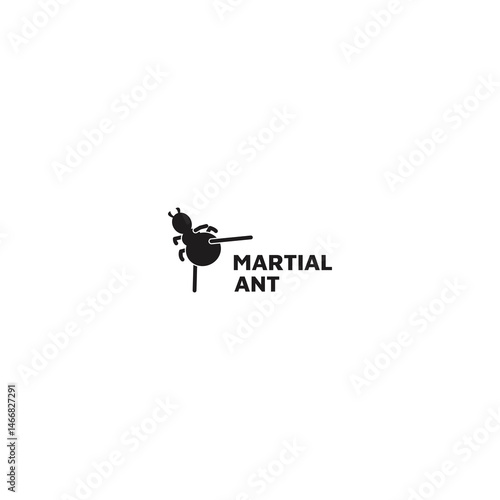 A bold and energetic logo design featuring an ant character performing a martial arts T-kick pose. Named Martial Ant, this logo symbolizes strength, discipline, agility, and focus.