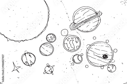 Line drawings based on the ideas and imagination of kindergarten children about space and planets.