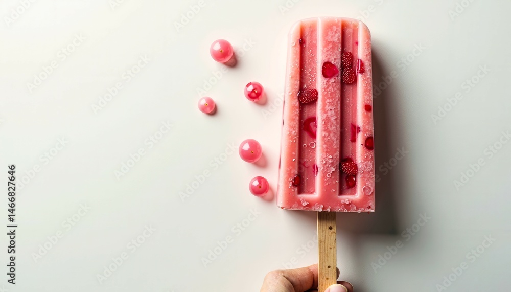 A hand holding a popsicle with pink and red fruit on it. The popsicle is on a white background