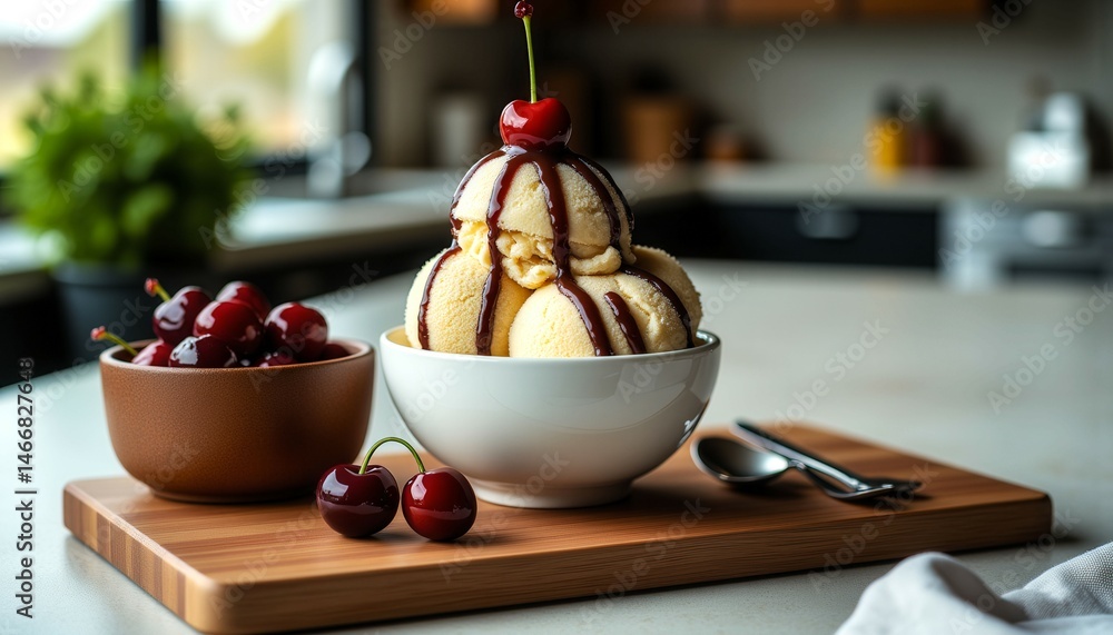 A bowl of ice cream with cherries on top. The bowl is on a wooden tray