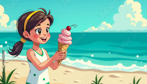 A girl holding an ice cream cone on a beach. The girl is smiling and the ice cream is pink