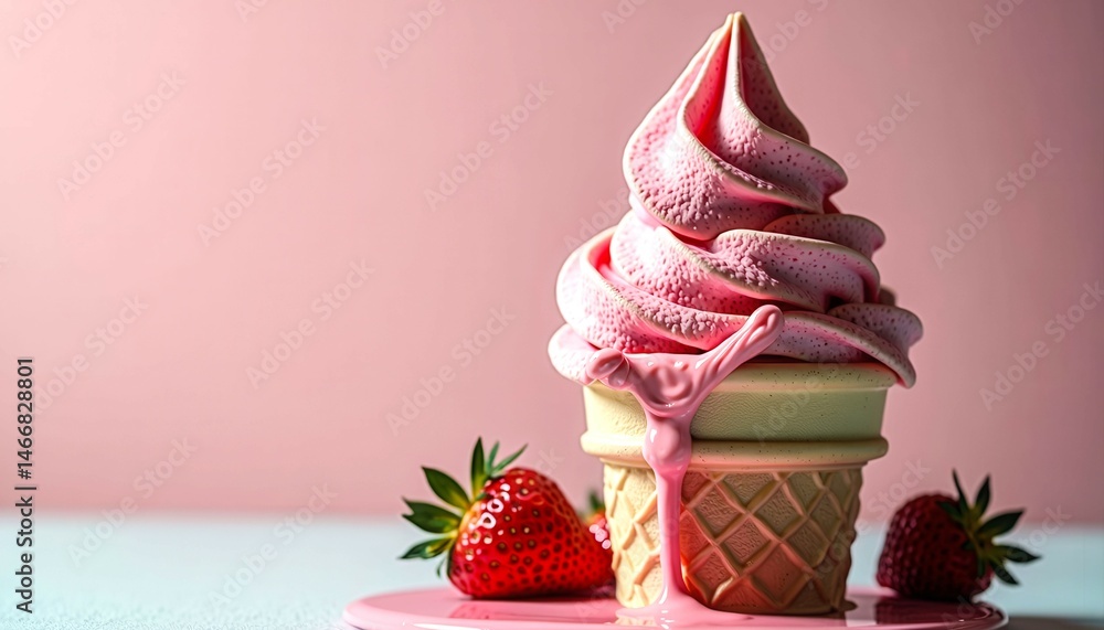 A pink ice cream cone with strawberry sauce dripping from it. The cone is sitting on a pink surface with a few strawberries nearby