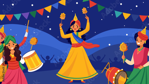 Vibrant Dandiya Raas celebration joyous dancers in colorful attire night festival festive mood India