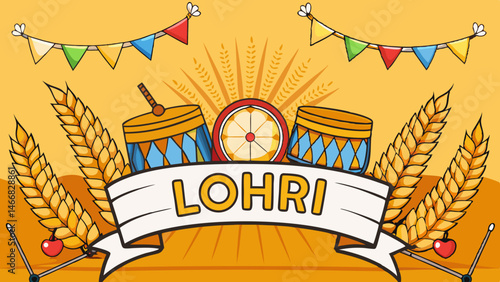 Celebrate Lohri Vibrant festival drums wheat festive flags Warm joyful harvest design