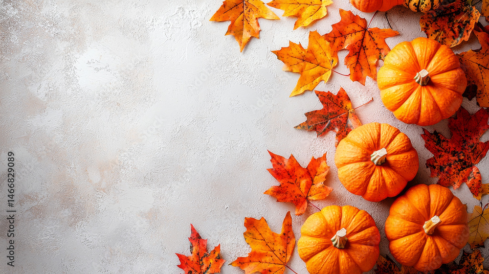 Autumn scene with orange pumpkins and fall leaves on a light background Autumn scene with orange pumpkins and fall leaves on a light background