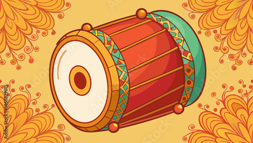 Vibrant hand drawn Bedug drum rich colors ornate design festive celebration cultural music