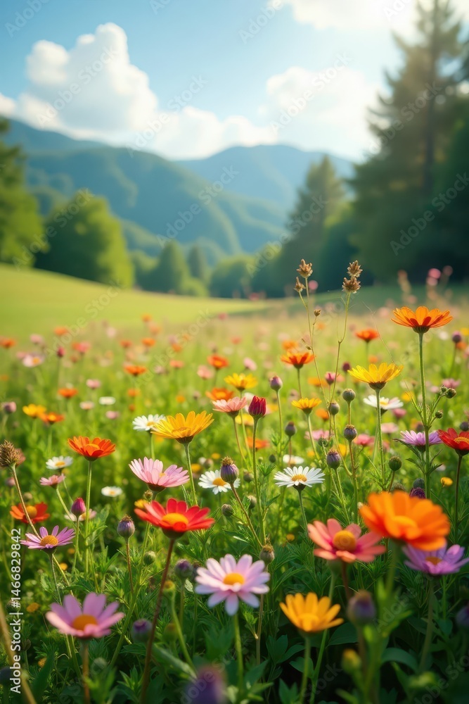 Obraz premium Vibrant wildflowers in full bloom across a sun-drenched meadow , bloom, wild, peaceful