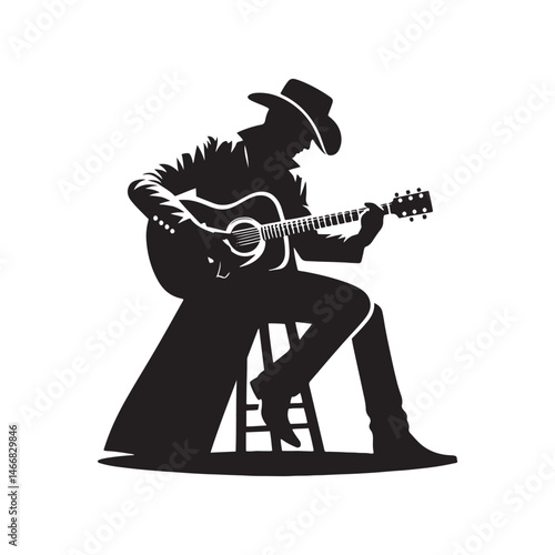 Modern Cowboy with Guitar Vector Silhouette, Country Music Icon, Western Vibes, Rustic Charm, Country Lifestyle, Acoustic Spirit, Cowboy Soul.
