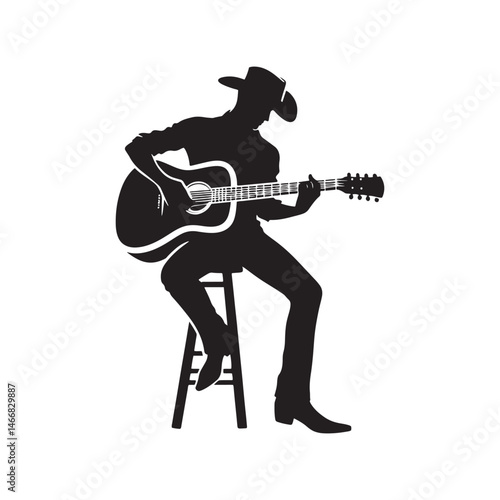 Modern Cowboy with Guitar Vector Silhouette, Country Music Icon, Western Vibes, Rustic Charm, Country Lifestyle, Acoustic Spirit, Cowboy Soul.
