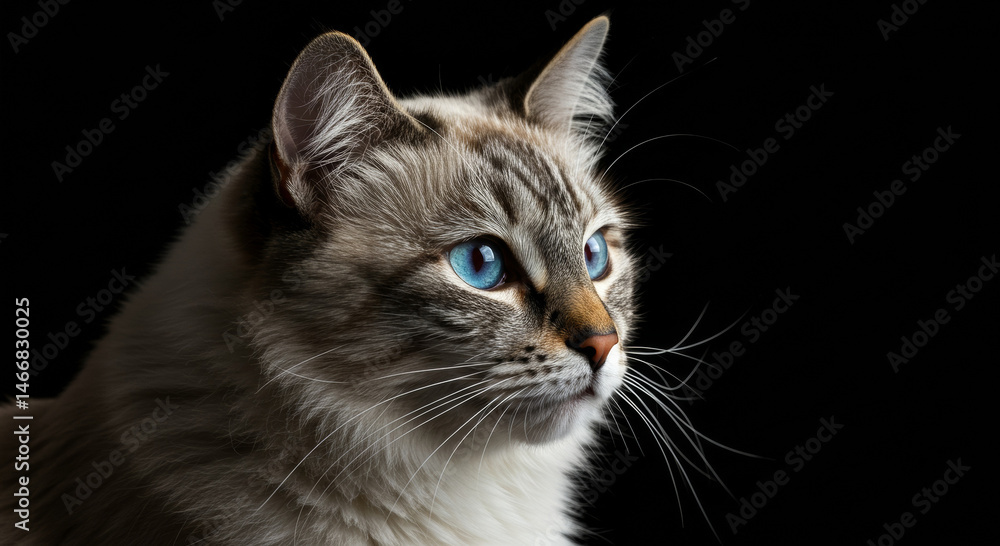 Gray and white cat with striking blue eyes in profile view against a black background. Close-up portrait of a domestic short-haired cat in a professional studio setting. pet lover. Gray and white cat with striking blue eyes in profile view against a black background. Close-up portrait of a domestic short-haired cat in a professional studio setting. pet lover.
