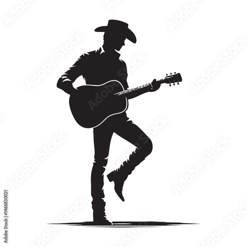 Modern Cowboy with Guitar Vector Silhouette, Country Music Icon, Western Vibes, Rustic Charm, Country Lifestyle, Acoustic Spirit, Cowboy Soul.
