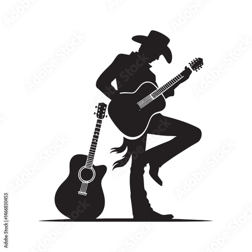 Modern Cowboy with Guitar Vector Silhouette, Country Music Icon, Western Vibes, Rustic Charm, Country Lifestyle, Acoustic Spirit, Cowboy Soul.
