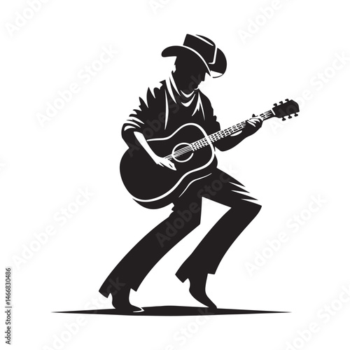 Modern Cowboy with Guitar Vector Silhouette, Country Music Icon, Western Vibes, Rustic Charm, Country Lifestyle, Acoustic Spirit, Cowboy Soul.
