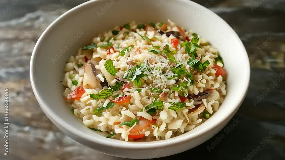 Delicious bowl of risotto with mushrooms, tomatoes, and herbs on a rustic wooden table Delicious bowl of risotto with mushrooms, tomatoes, and herbs on a rustic wooden table