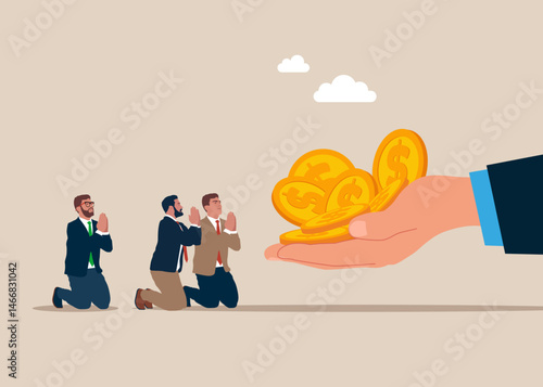 Business people prays for money. Shows business people needing financial help, highlighting their struggles and urgent situation. Flat vector illustration