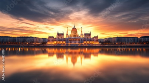 Majestic Reflection of Historical European Building at Sunset Over Calm Water Surface