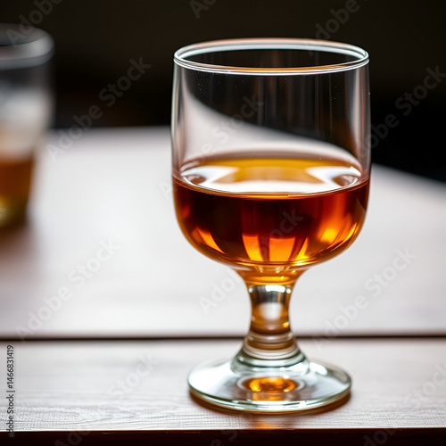 A close-up shot shows a single glass filled with a layered amber and golden alcoholic beverage.