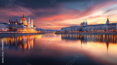 Mesmerizing Reflection of Historical European Landmarks at Sunset Over Water in High Fidelity
