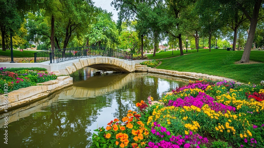 Fototapeta premium A graceful arched bridge in a park, its structure mirrored in the still water of a small river, with colorful flowers lining the banks. 