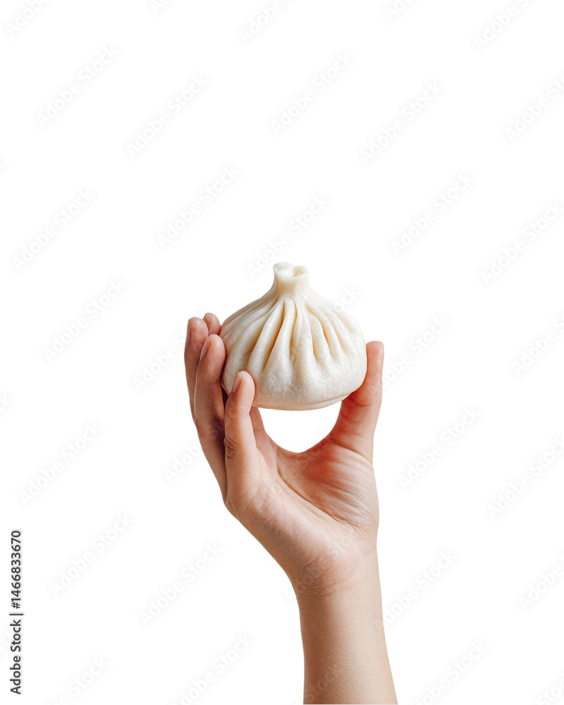 Hand holding a steamed bun with a soft texture against a plain background, ideal for culinary use Hand holding a steamed bun with a soft texture against a plain background, ideal for culinary use