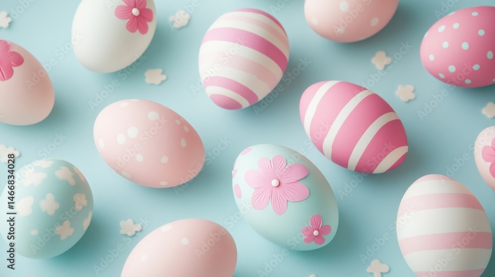 Pastel Easter Eggs on Blue Background Overhead Flat Lay Pink White Striped Polka Dot Floral Spring Holiday Celebration Pastel Easter Eggs on Blue Background Overhead Flat Lay Pink White Striped Polka Dot Floral Spring Holiday Celebration