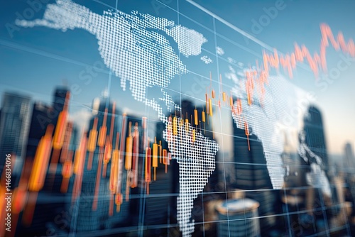 Global financial market data displayed on screen. City skyline in background