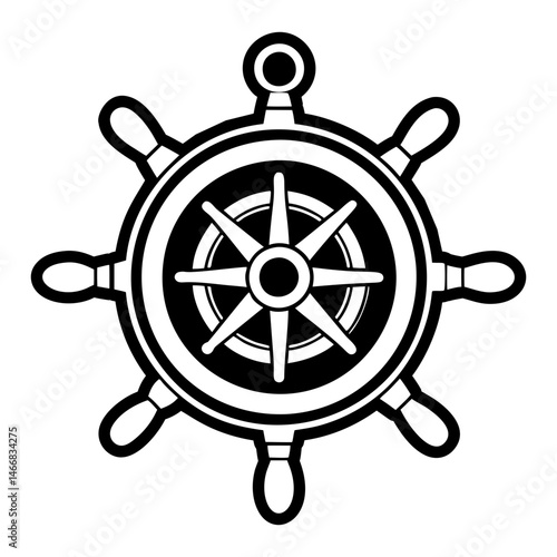 A filled style icon of ship helm symbol