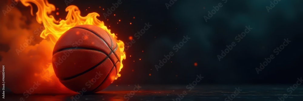 Fototapeta premium Fiery basketball engulfed in smoke against a stark black backdrop, element, art