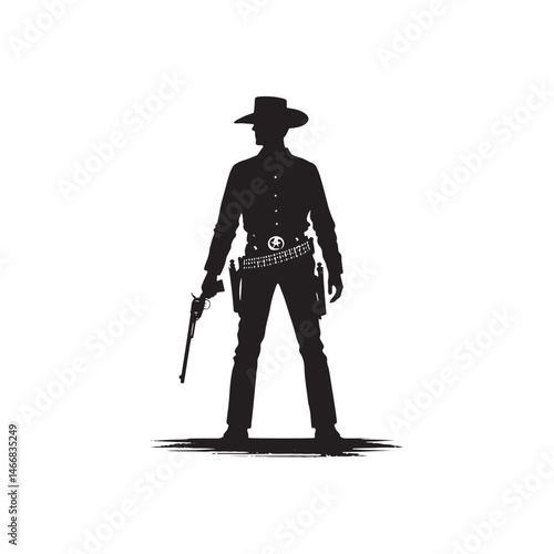 Modern Old West Sheriff Vector Silhouette, Lawman Legacy, Frontier Justice, Western Authority, Cowboy Spirit, Rugged Protector, Classic Western Hero.
