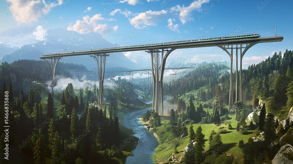 Fototapeta premium A high-speed railway bridge taking shape, its wide spans supported by tall columns bridging a picturesque valley of forests and streams. 