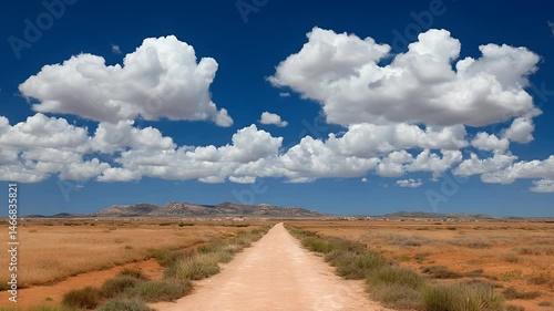 A scenic dirt road stretches through a vast desert landscape under a bright blue sky filled with fluffy clouds, inviting exploration