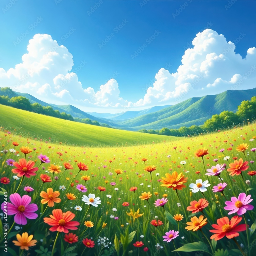 Vibrant wildflowers carpet a serene landscape under a brilliant blue sky , flowers, blossom, flora Vibrant wildflowers carpet a serene landscape under a brilliant blue sky , flowers, blossom, flora