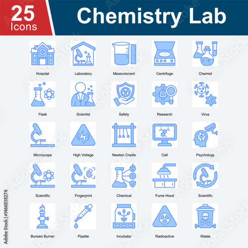 Chemistry Lab is a collection of icons representing laboratory equipment, chemical research, safety protocols, and scientific procedures used in analyzing chemicals, biology, and medical experiments.