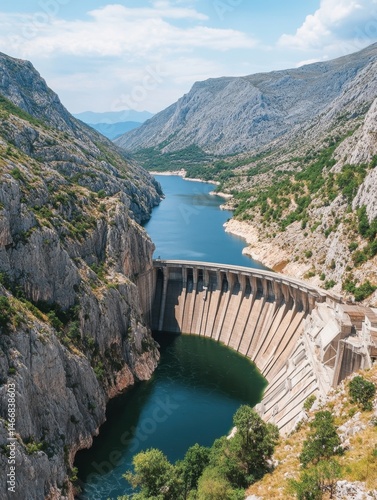 Aerial view of a dam in a canyon, hydroelectric power plant, engineering marvel, blue water, rocky mountains, sunny day, Croatia