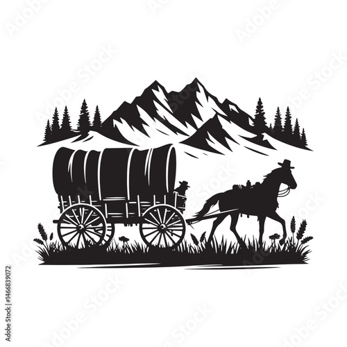 Pioneer Wagon Cowboy Vector Silhouette, Frontier Spirit, Western Trailblazer, Old West Adventure, Rugged Pioneer Life, Cowboy Heritage, Wagon Trail.
