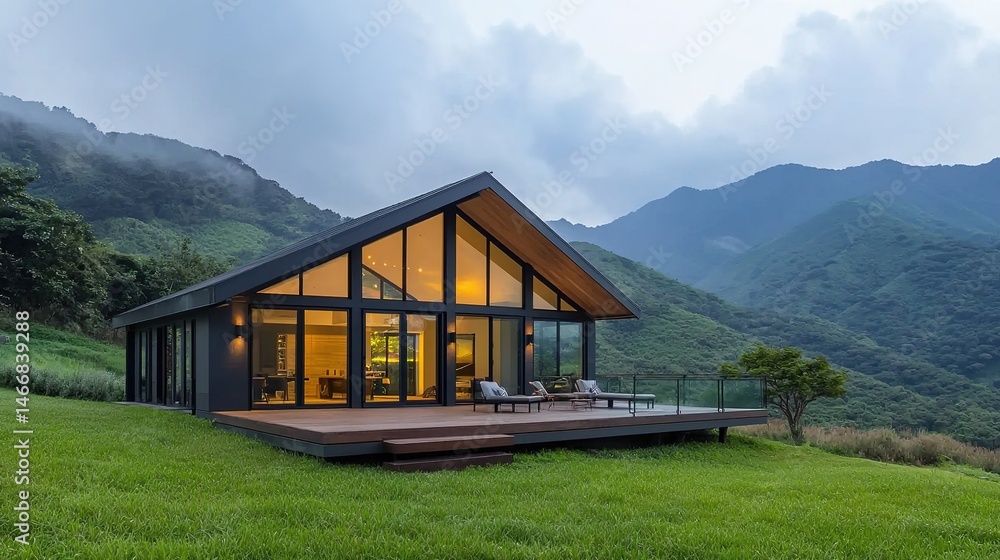 Tranquil minimalist home amidst lush mountains scenic architecture serene nature aesthetic viewpoint Tranquil minimalist home amidst lush mountains scenic architecture serene nature aesthetic viewpoint