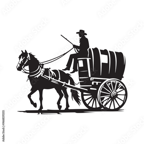 Pioneer Wagon Cowboy Vector Silhouette, Frontier Spirit, Western Trailblazer, Old West Adventure, Rugged Pioneer Life, Cowboy Heritage, Wagon Trail.
