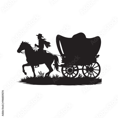 Pioneer Wagon Cowboy Vector Silhouette, Frontier Spirit, Western Trailblazer, Old West Adventure, Rugged Pioneer Life, Cowboy Heritage, Wagon Trail.
