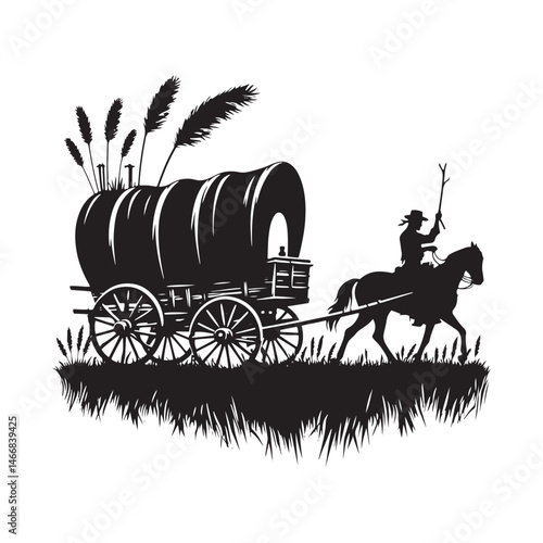Pioneer Wagon Cowboy Vector Silhouette, Frontier Spirit, Western Trailblazer, Old West Adventure, Rugged Pioneer Life, Cowboy Heritage, Wagon Trail.

