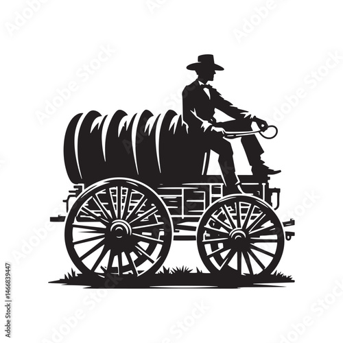 Pioneer Wagon Cowboy Vector Silhouette, Frontier Spirit, Western Trailblazer, Old West Adventure, Rugged Pioneer Life, Cowboy Heritage, Wagon Trail.
