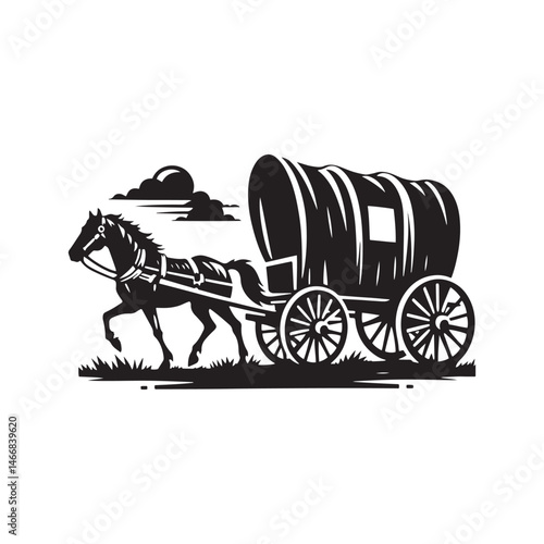Pioneer Wagon Cowboy Vector Silhouette, Frontier Spirit, Western Trailblazer, Old West Adventure, Rugged Pioneer Life, Cowboy Heritage, Wagon Trail.

