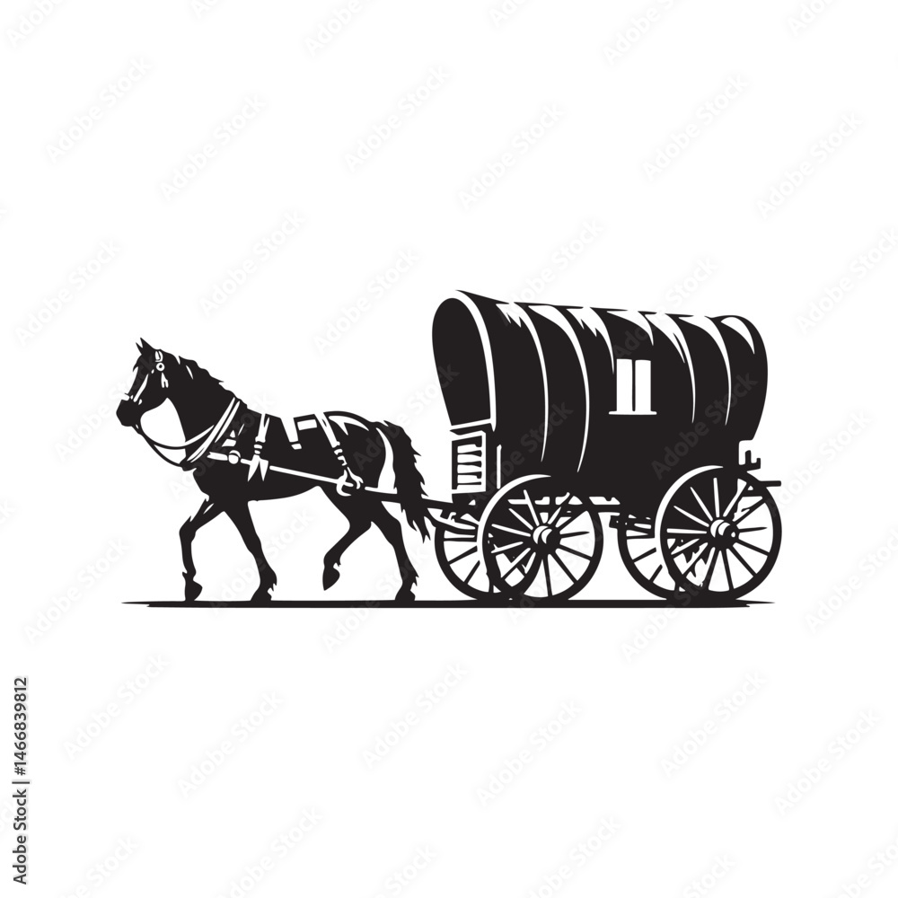 Fototapeta premium Pioneer Wagon Cowboy Vector Silhouette, Frontier Spirit, Western Trailblazer, Old West Adventure, Rugged Pioneer Life, Cowboy Heritage, Wagon Trail. 