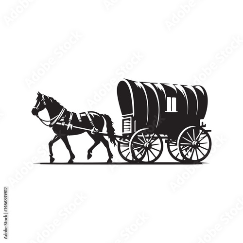 Pioneer Wagon Cowboy Vector Silhouette, Frontier Spirit, Western Trailblazer, Old West Adventure, Rugged Pioneer Life, Cowboy Heritage, Wagon Trail.
