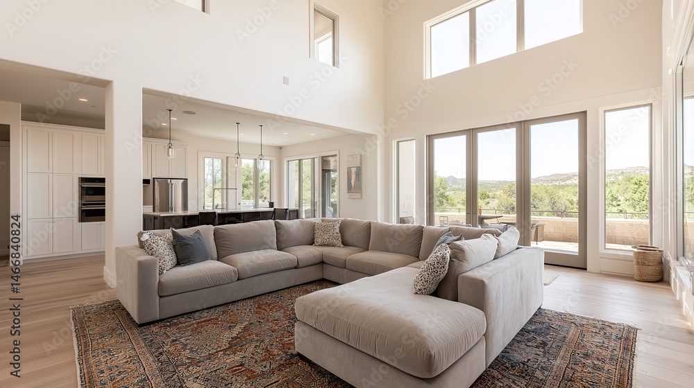 Fototapeta premium Luxury designer penthouse living space scenic hills interior design modern style wide angle elegance