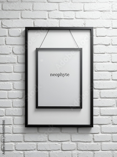 Black frame hanging on white brick wall with inscription neophyte